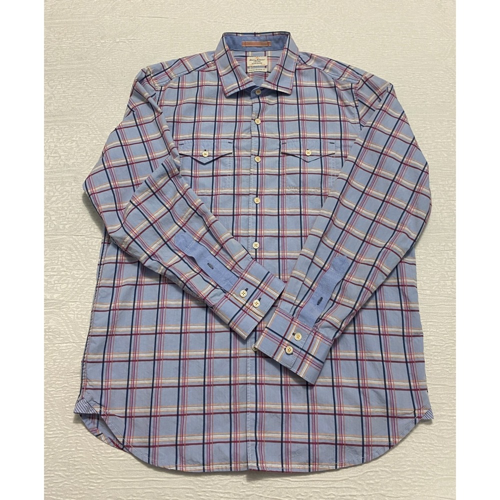 Tommy Bahama Island Modern Fit Long Sleeve Mens Shirt M Plaid Blue Button Up